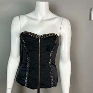 Rocker Chain Corset Top Bebe small Black Ruched Studded Strapless Sweetheart